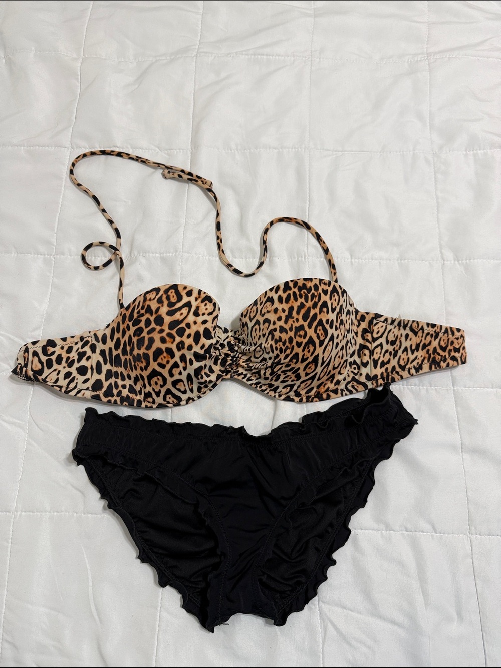 Victoria's Secret Leopard Print Underwire Bikini Top with Black Ruffled Bottoms